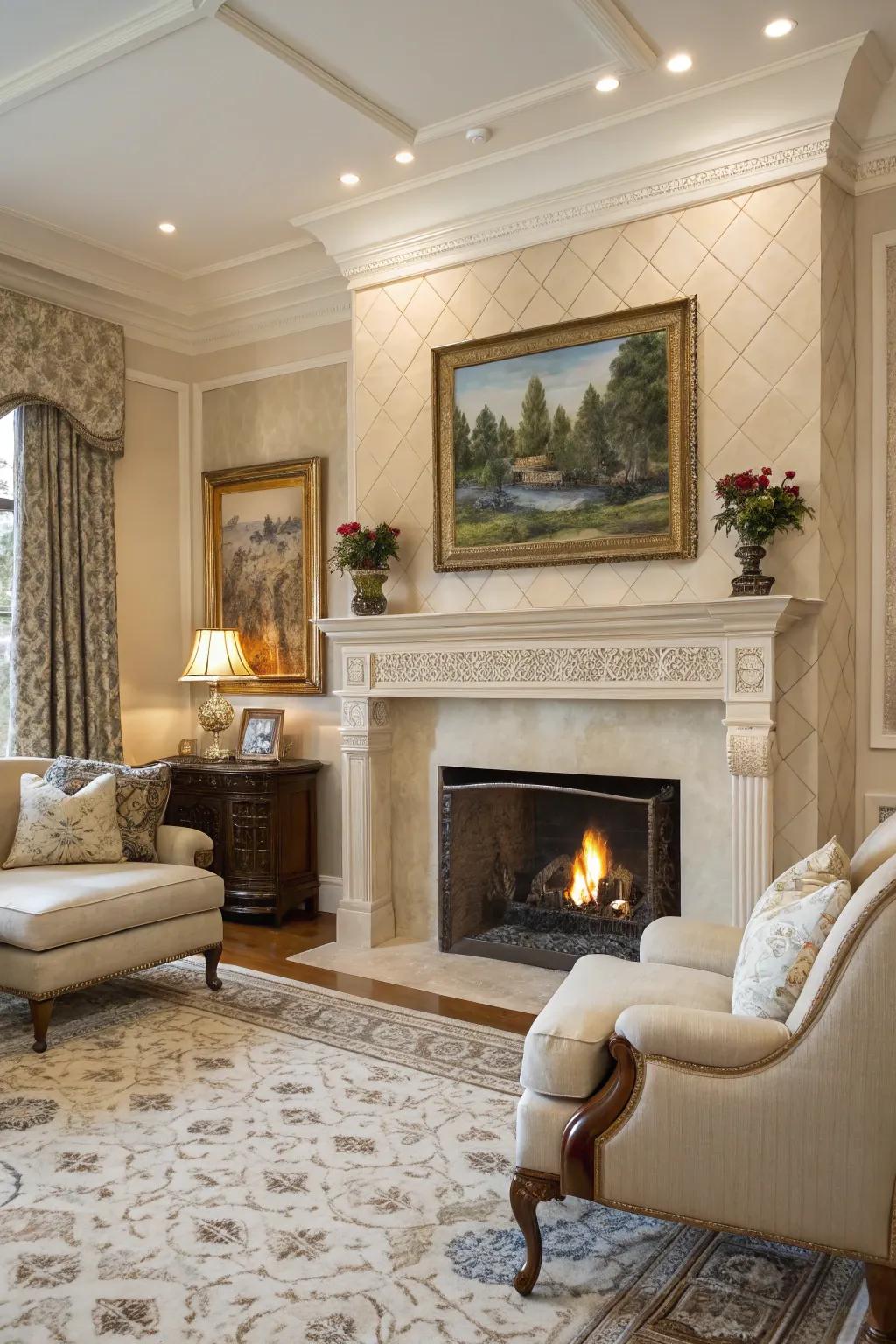 Classic elegance shines through with neutral tiles and a traditional mantel.