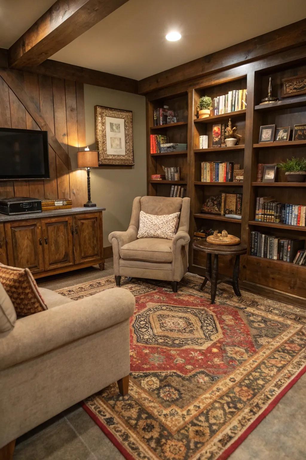 A cozy rug defines and warms up a small man cave.