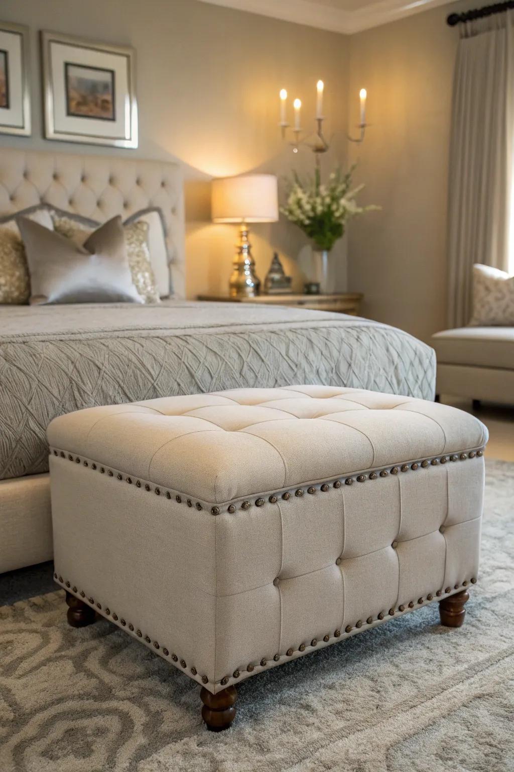 An upholstered ottoman adds style and functionality.