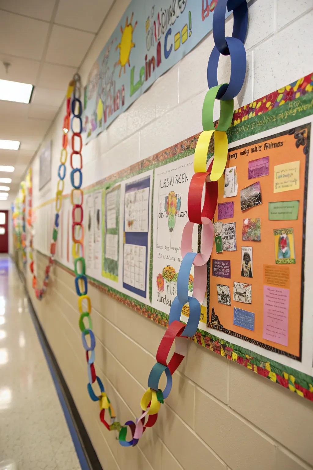 A Chain of Love bulletin board with a decorative paper chain.