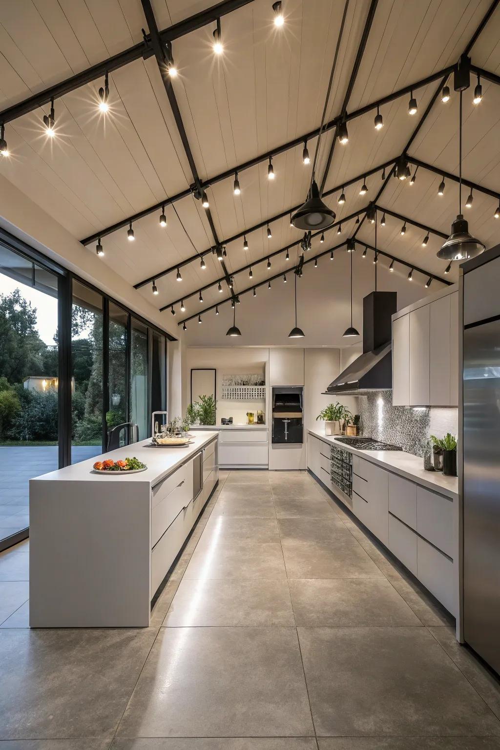 Track lighting delivers adjustable illumination for targeted lighting.