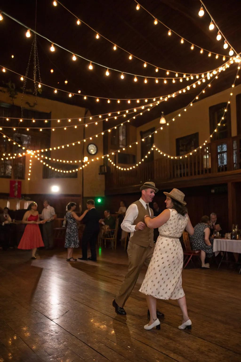 Light strands emit a warm radiance, enhancing the retro festivity atmosphere.