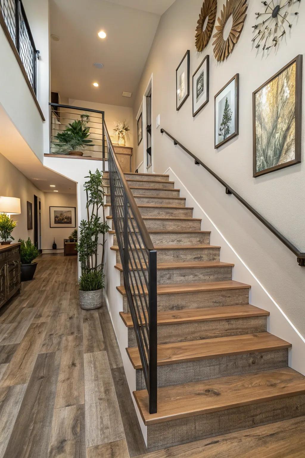 Vinyl on stairs provides style and durability.