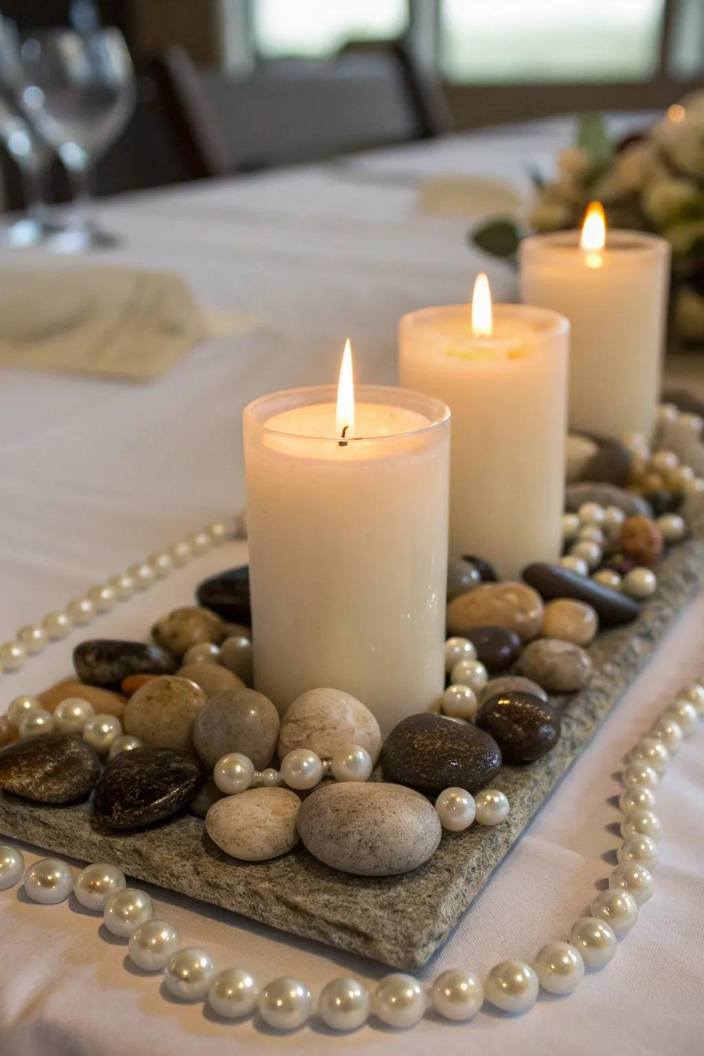 Decorative elements like stones add texture to votive displays.