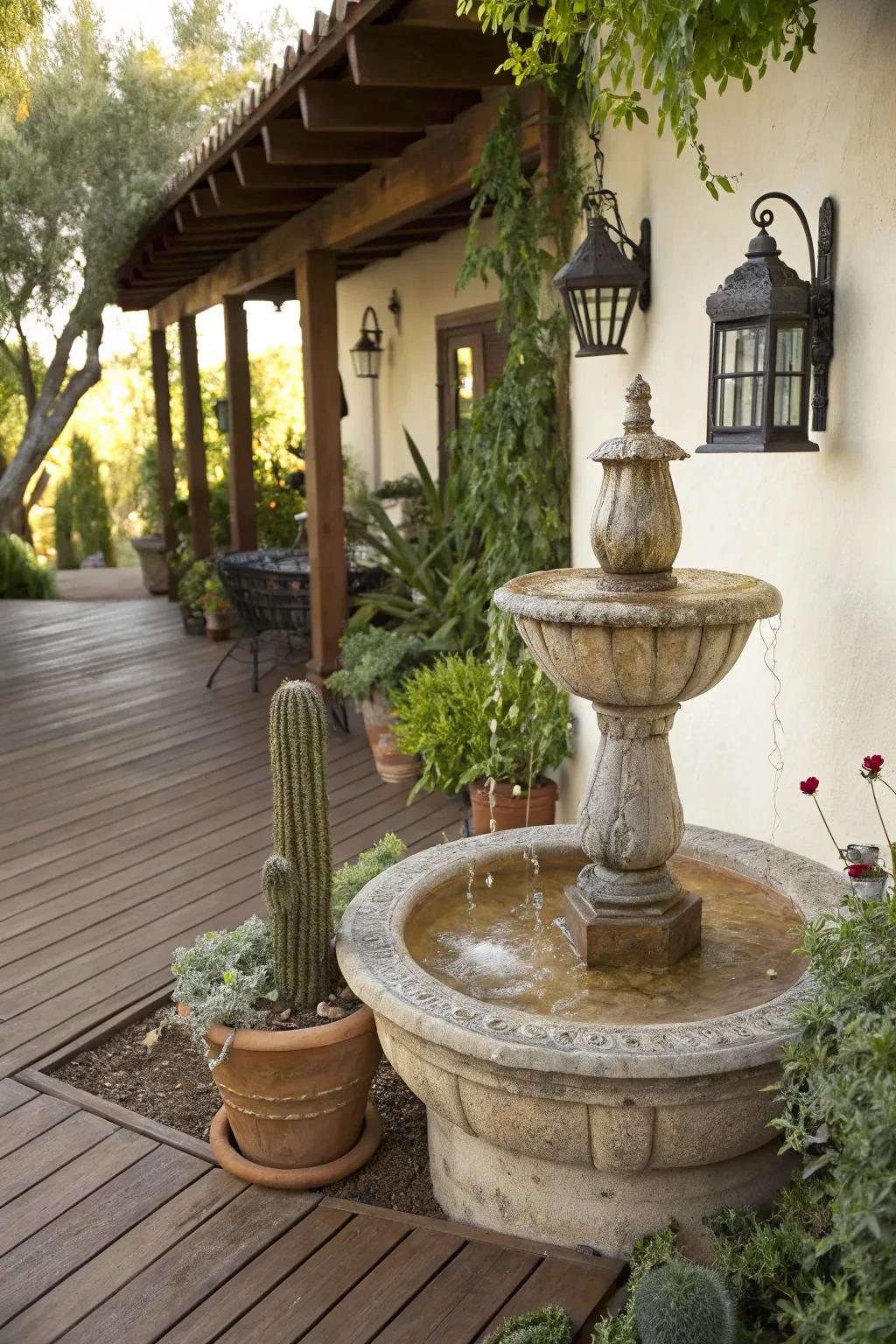 A water feature adds tranquility and elegance to the patio.