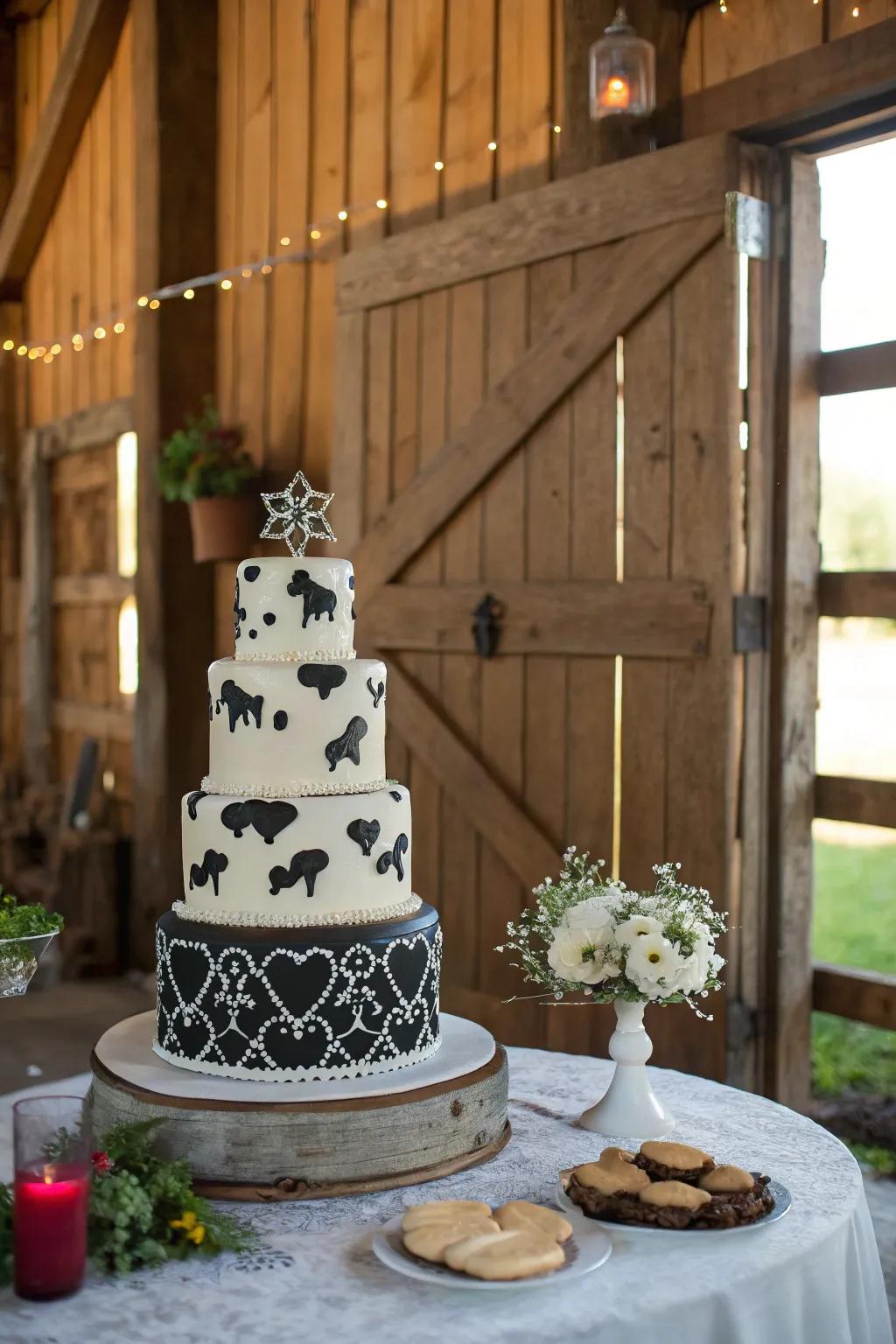 Cake with a playful cow pattern design.