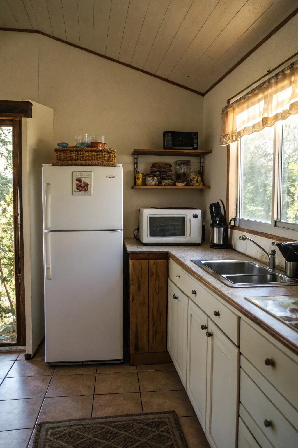 A microwave positioned above the refrigerator for optimal space use.