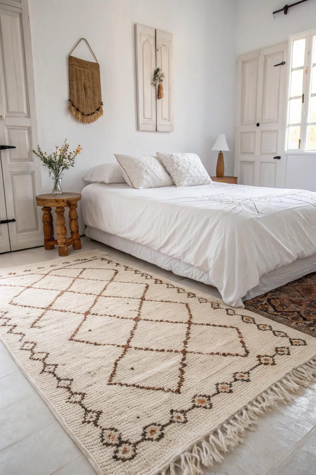 A statement rug adds color and texture to a white bedroom.