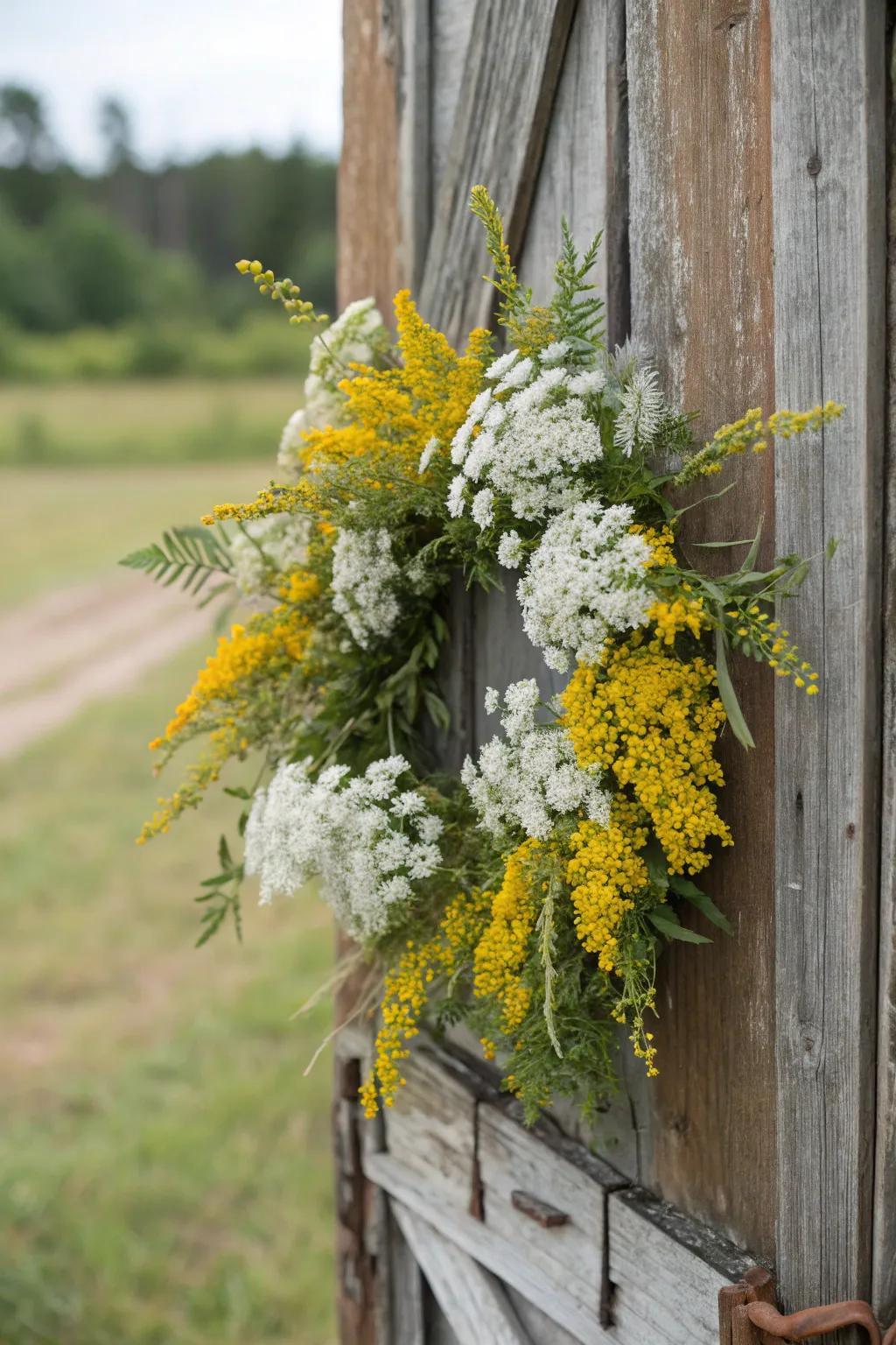 A seasonal wildflower wreath adds charm to any entrance.