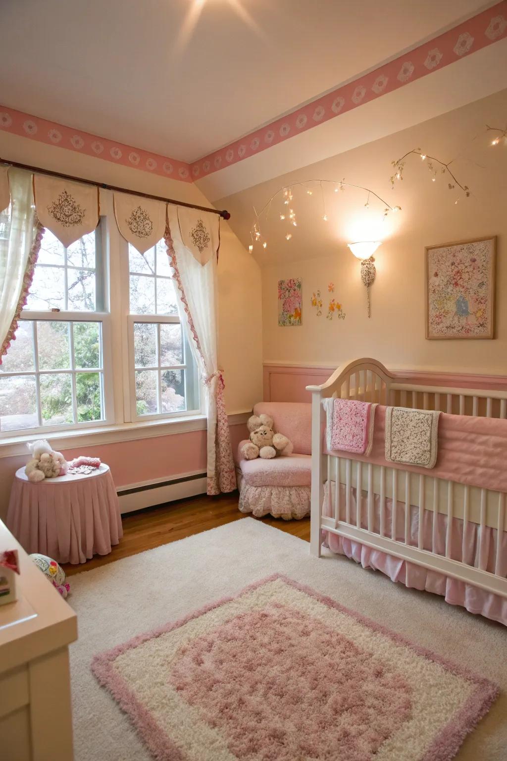 Soft pink trim adds a romantic feel to a nursery.