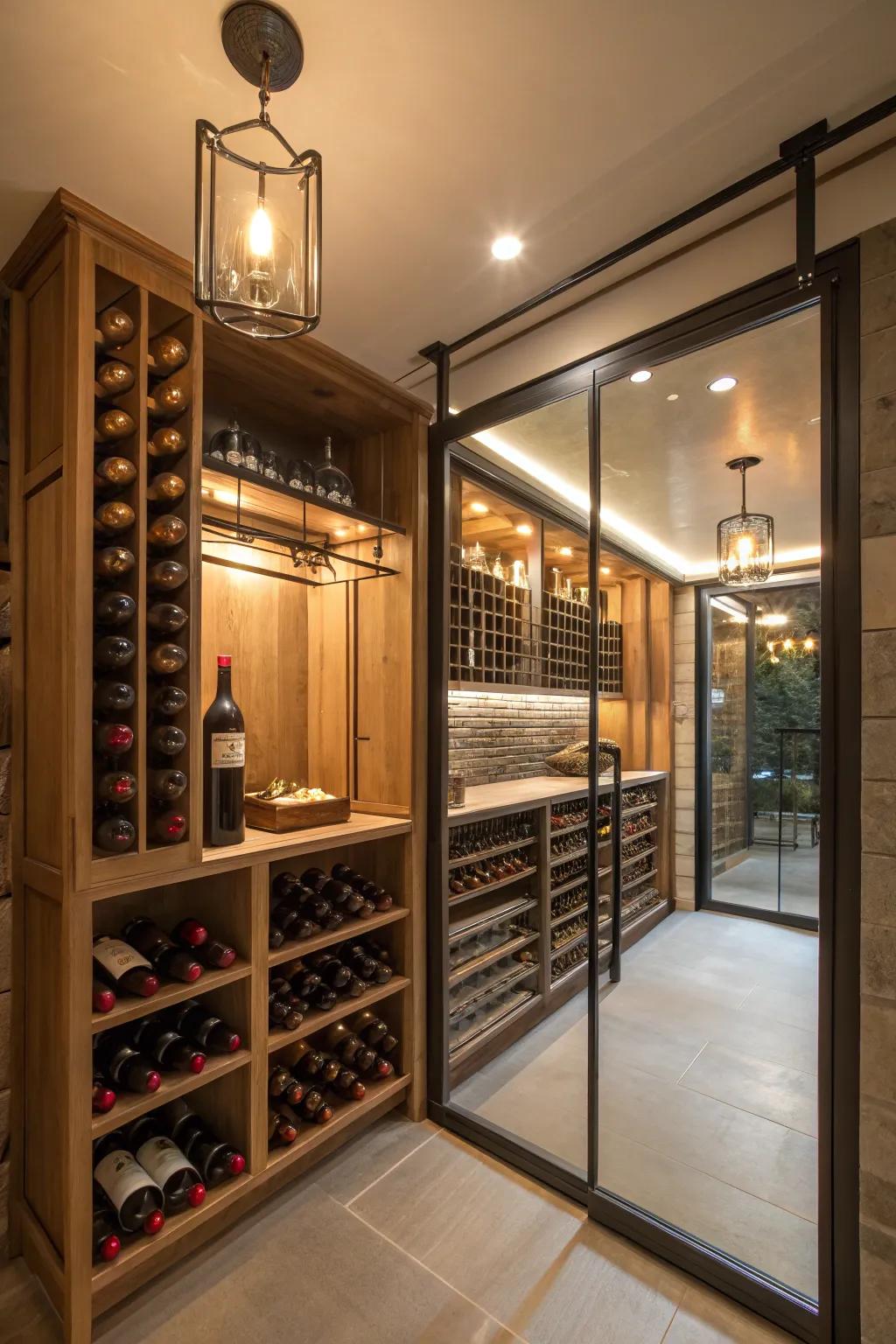 Sleek glass and metal accents illuminated for a contemporary wine room.