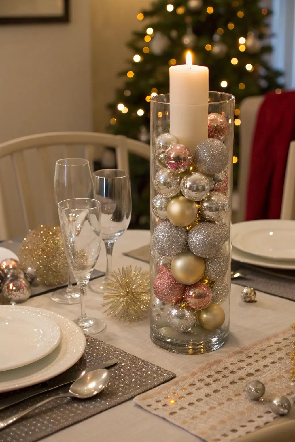 Glass and glitter arrangements sparkle in winter light.