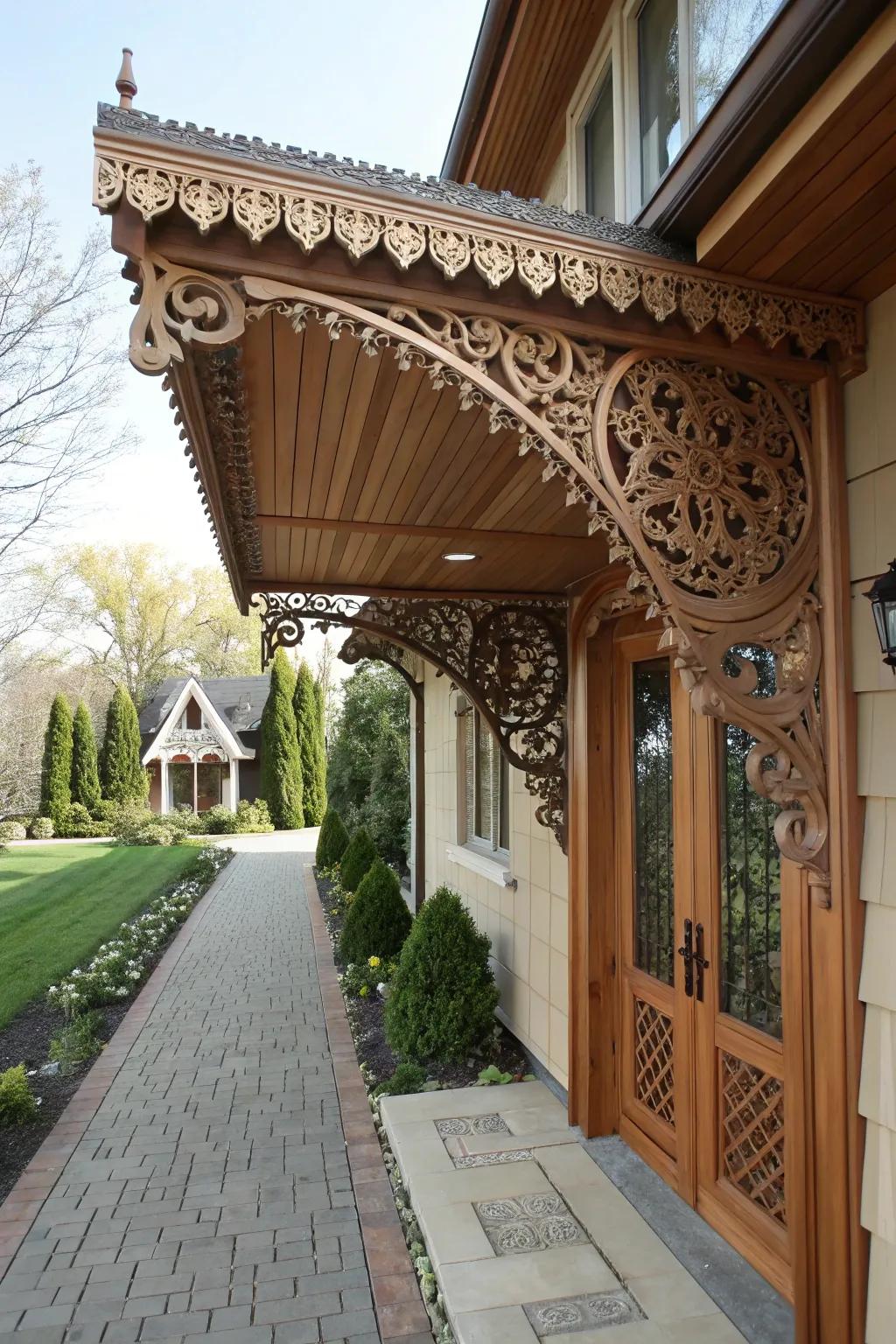 Decorative brackets add elegance to an awning.