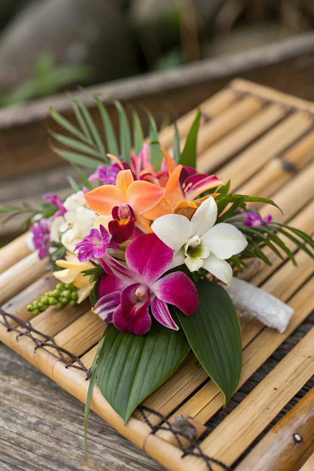 Vibrant tropical wrist adornment featuring orchids and hibiscus.