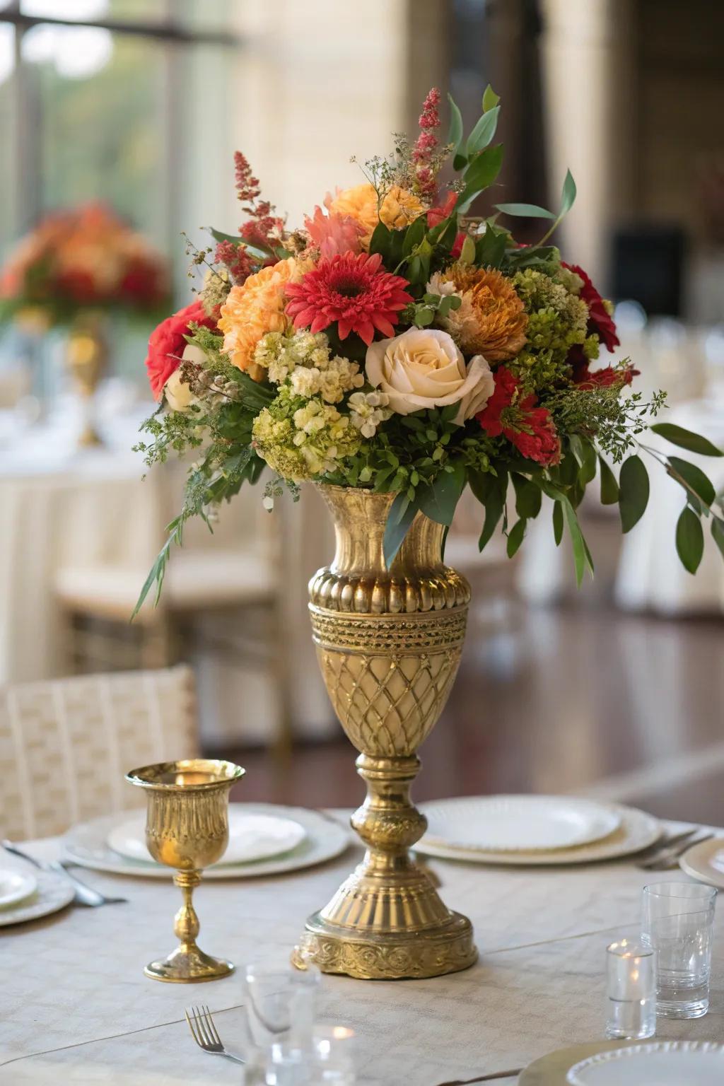 A stunning centerpiece combining gold and floral elements.