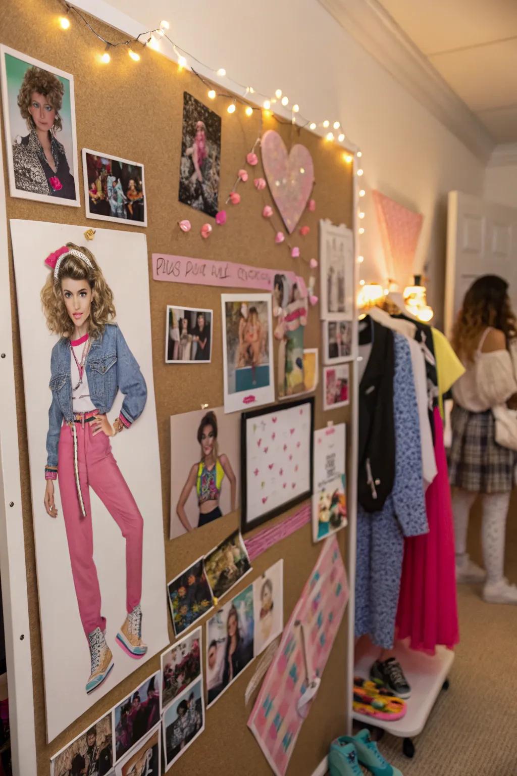 80s fashion cutouts on a bulletin board in a fashion-inspired space.