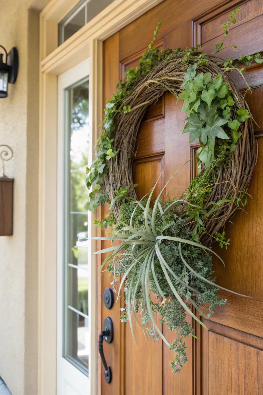 A welcoming air plant wreath at the entrance.