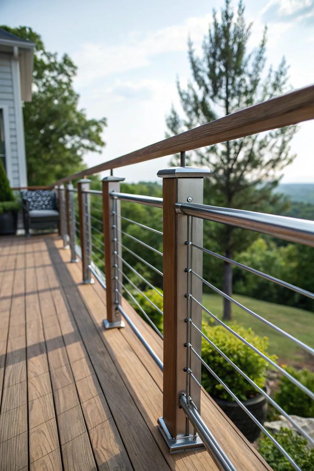 A blend of rustic and modern elements with aluminum railings.