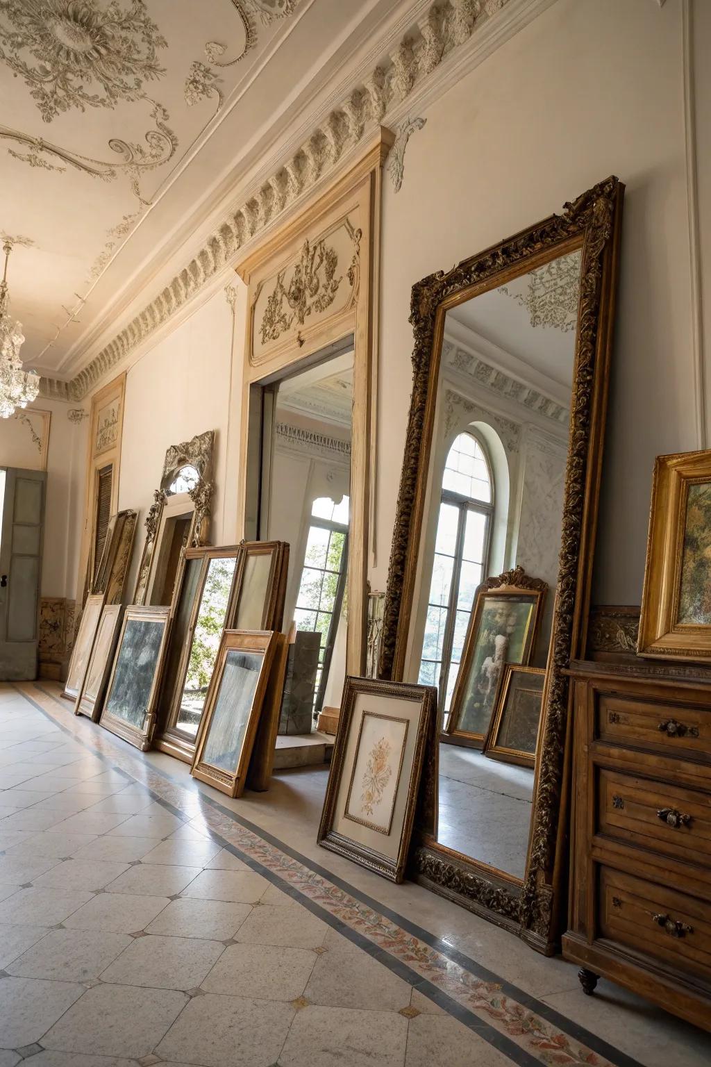 Vintage mirrors add elegance and depth.