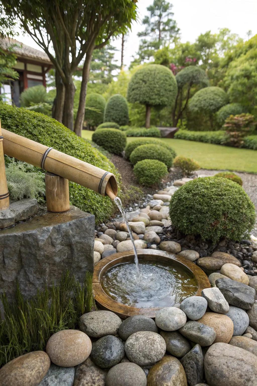 A bamboo fountain harmoniously paired with natural stones.