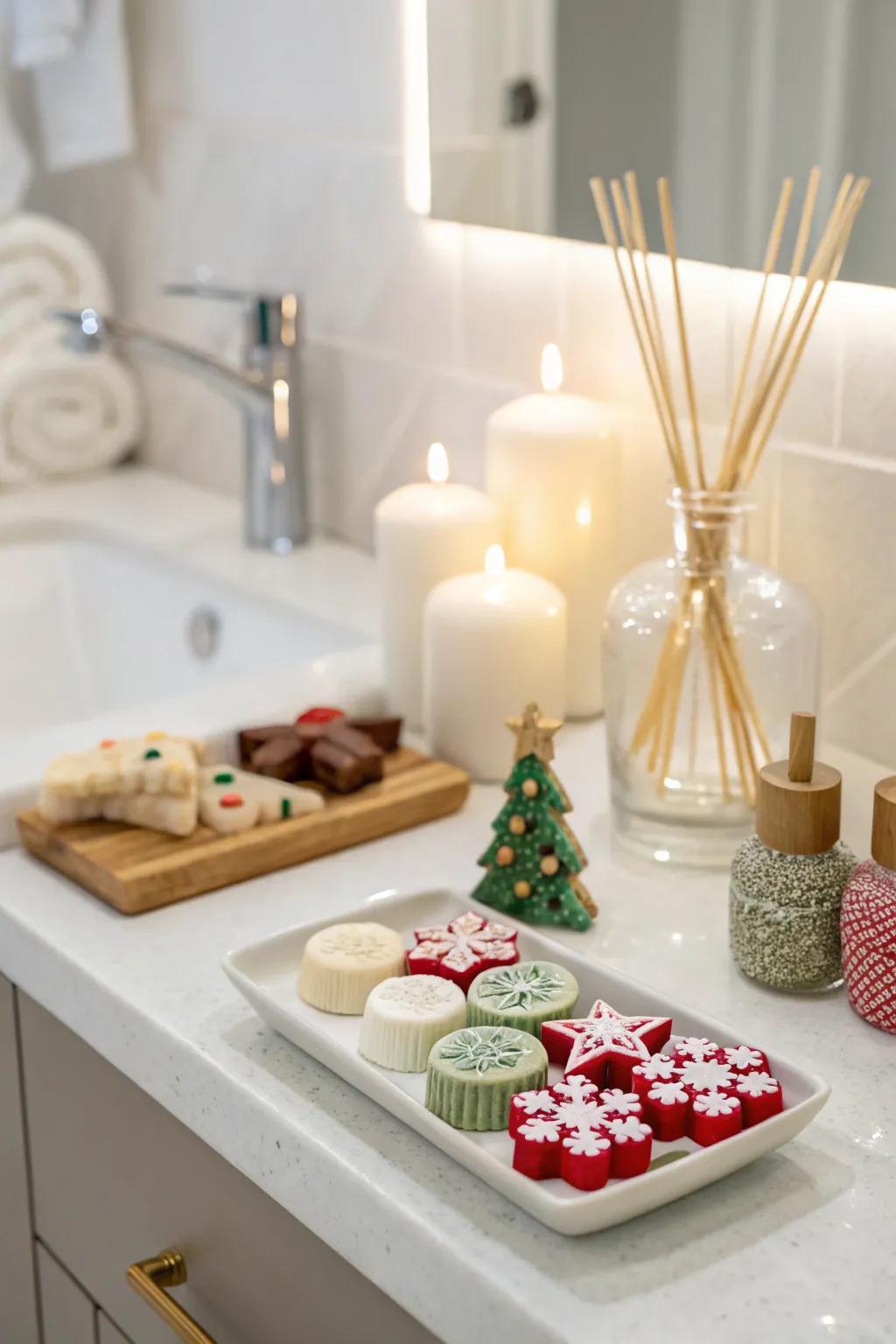 Holiday scents like peppermint and cinnamon add a festive aroma to this bathroom.