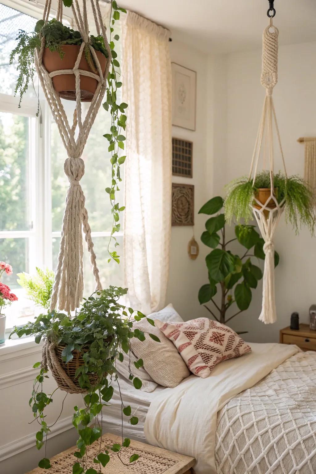 Macramé hangers add a bohemian touch to your decor.