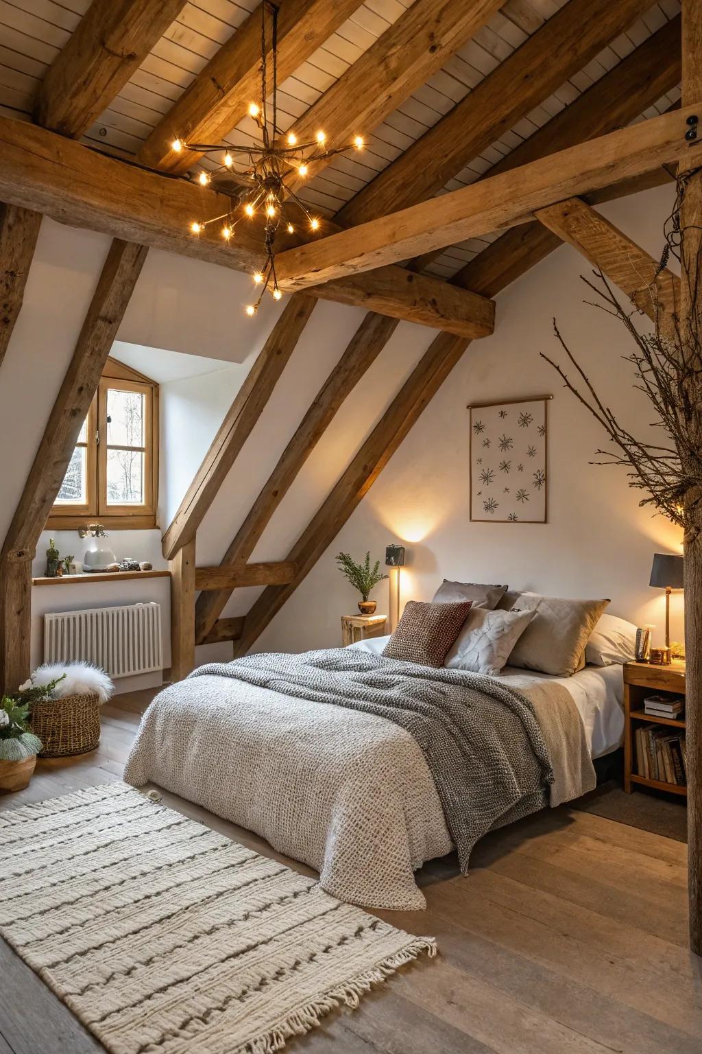 Wooden beams introduce a rustic, cozy element to your loft.