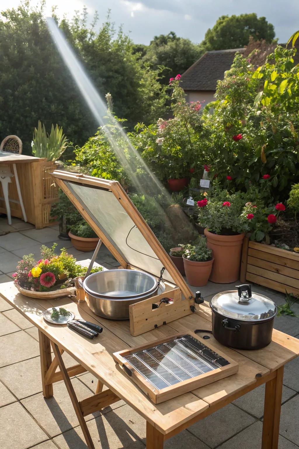 Cook sustainably with solar energy using a solar furnace.