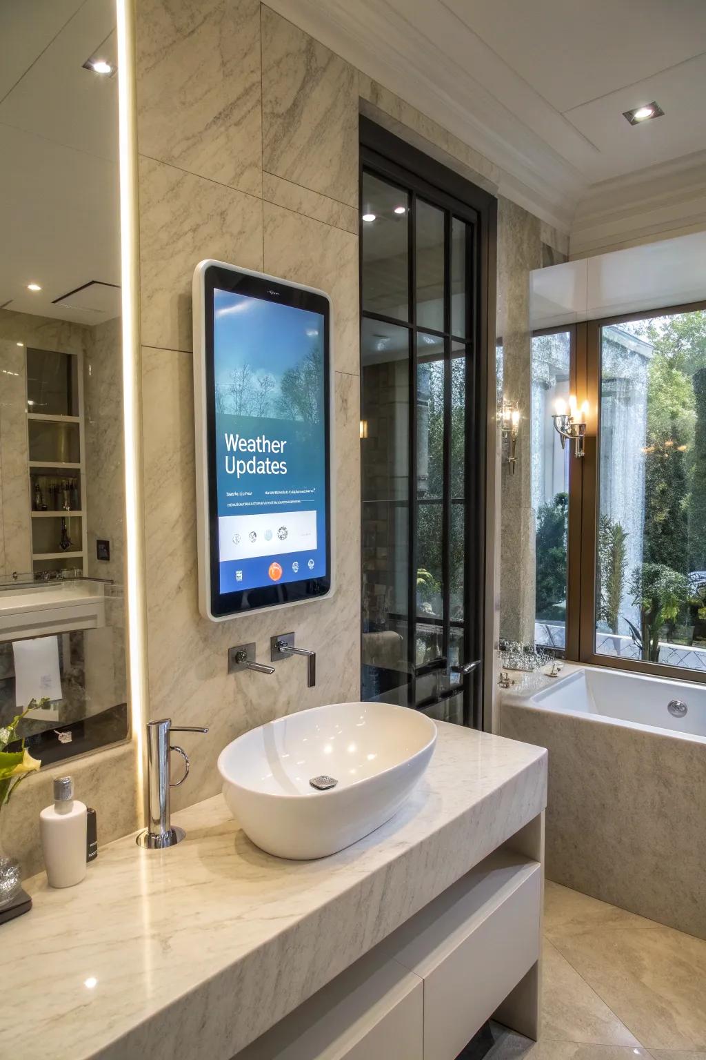 A smart mirror enhances a modern bathroom with its interactive display and stylish design.