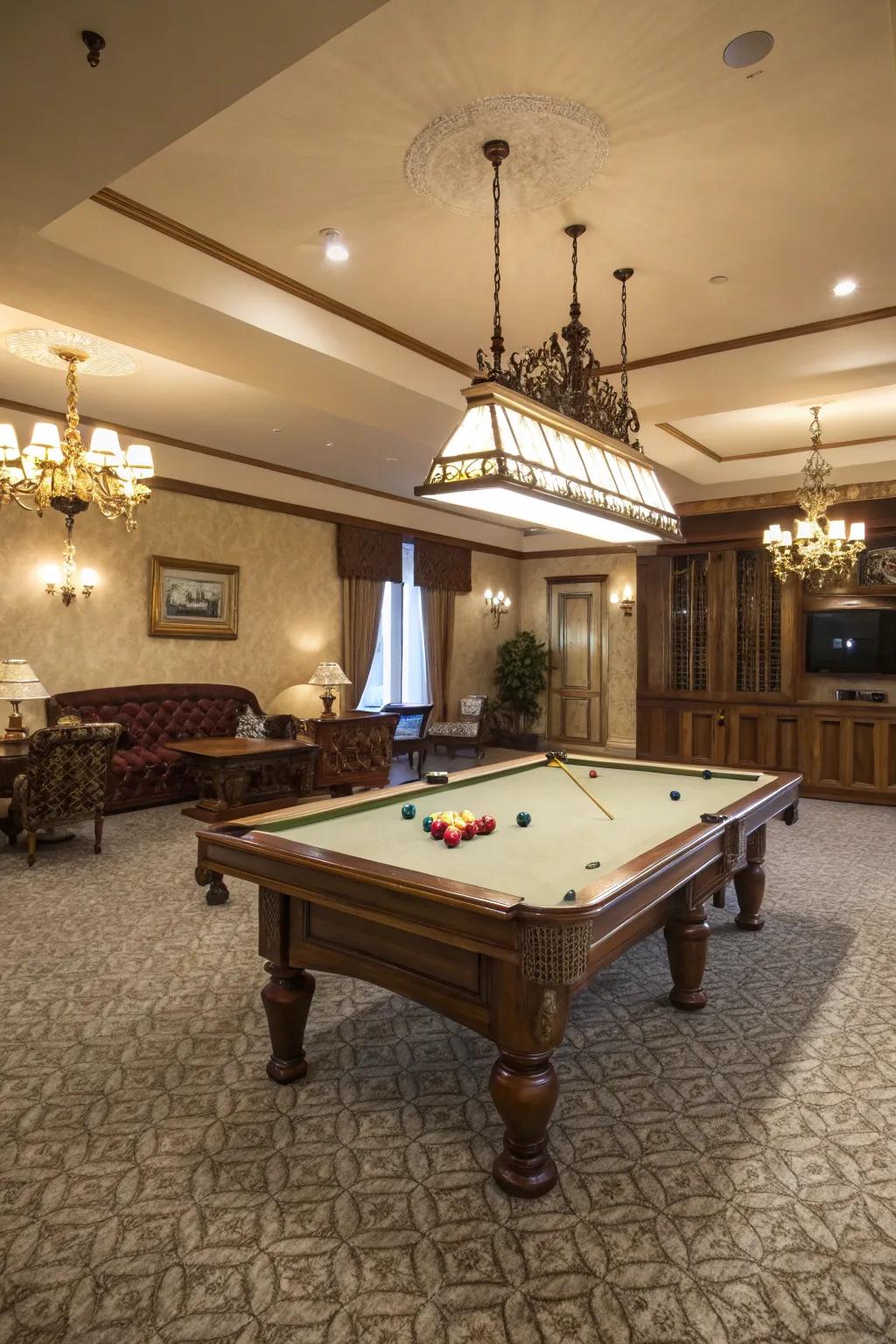 Plush carpeting enhances comfort in your billiard hall.