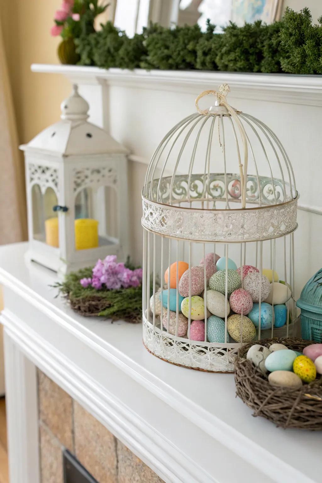 Decorative eggs bring a whimsical touch to a bird cage.