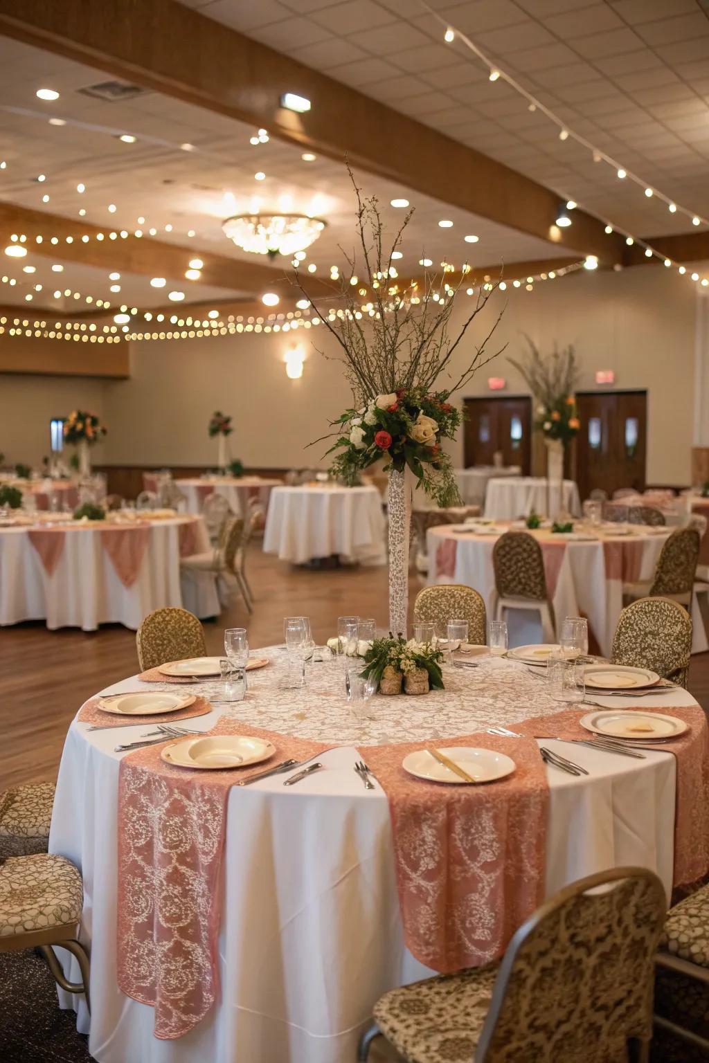 Charming table settings enhance the overall aesthetic of the hall.