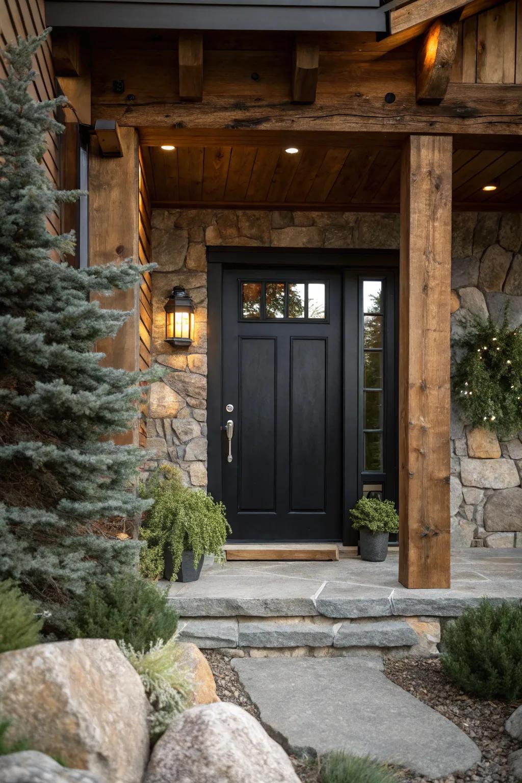 A black door harmoniously integrated with natural materials.