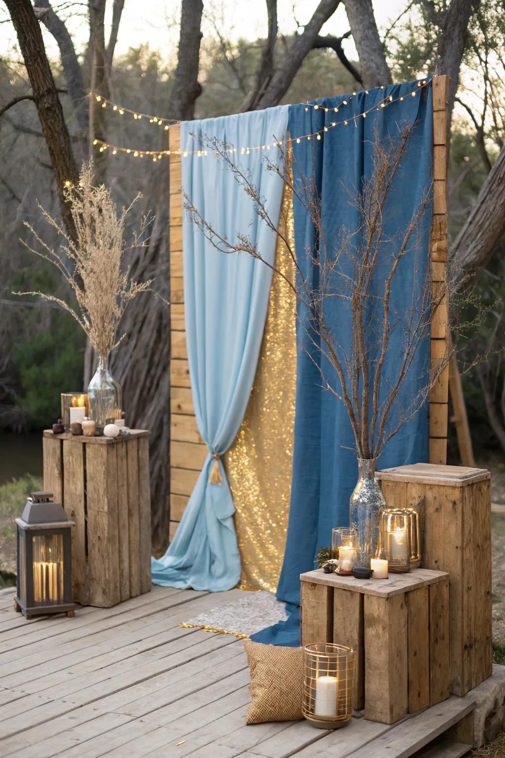 Contribute warmth with a rustic blue and gold design.