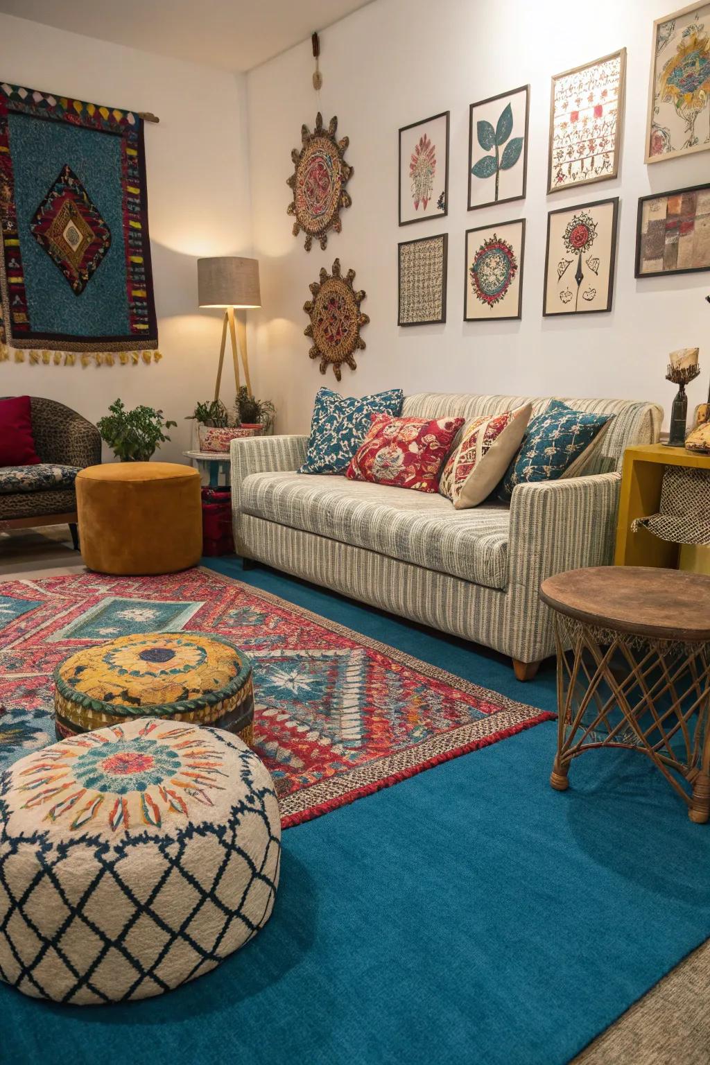 An eclectic mix turns a living room with blue carpet into a vibrant, personalized haven.