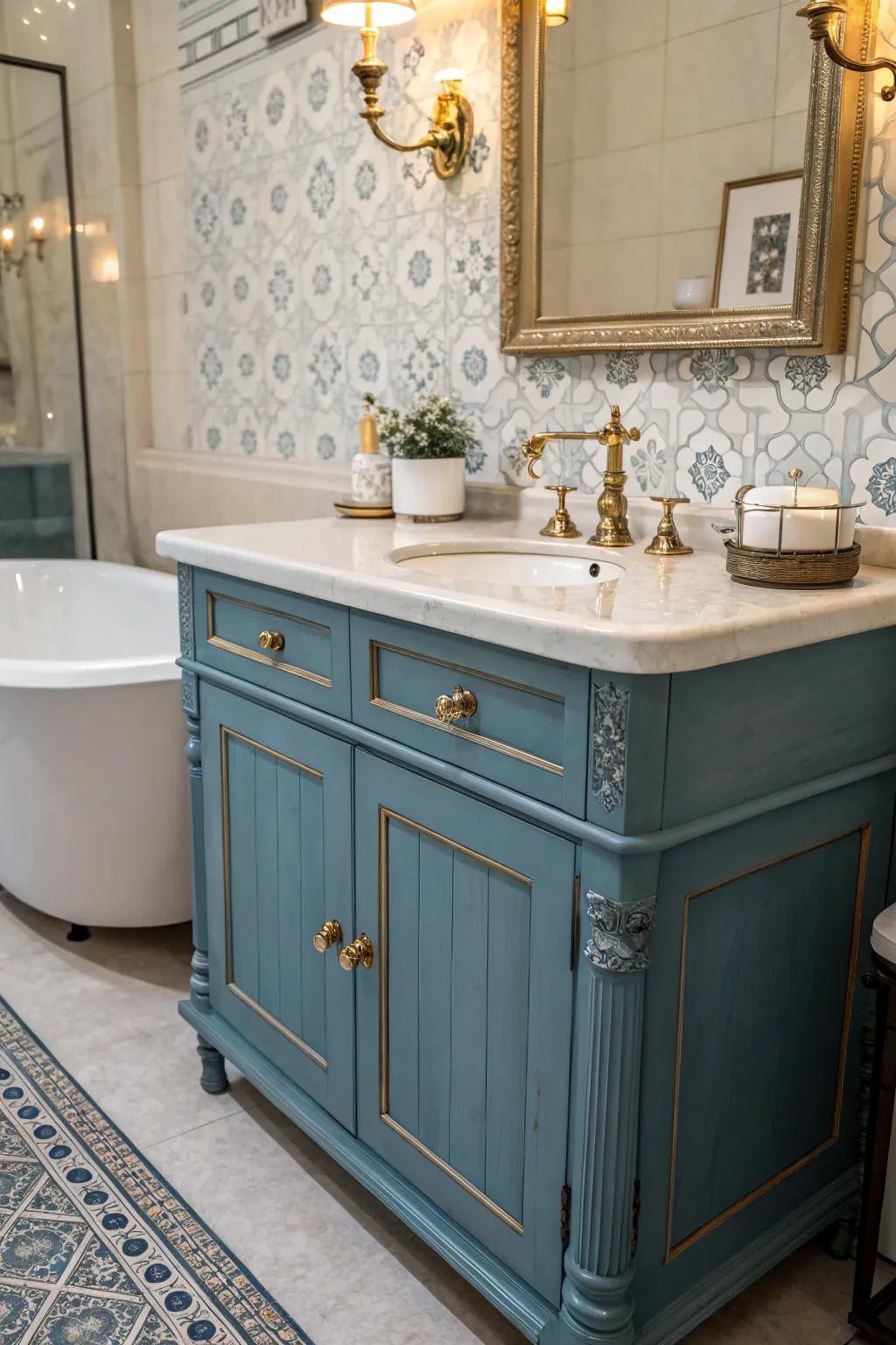 Vintage vibes bring timeless charm to a blue vanity.