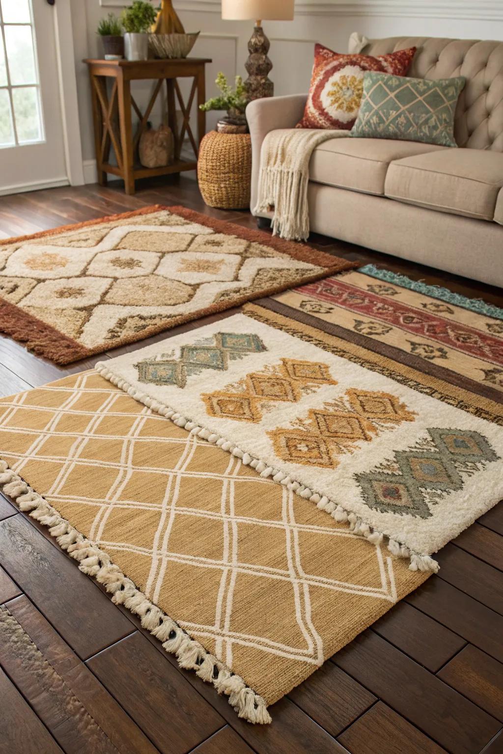 Layered rugs provide a cozy foundation in a brown-themed room.