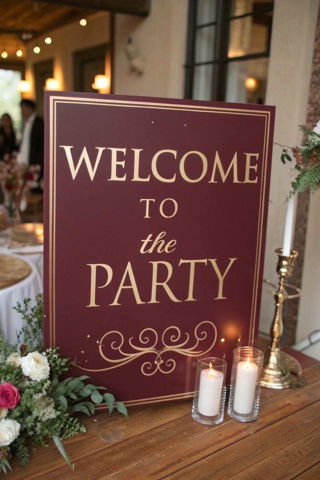 Customized signage in wine and glimmer extends a cordial reception to attendees.