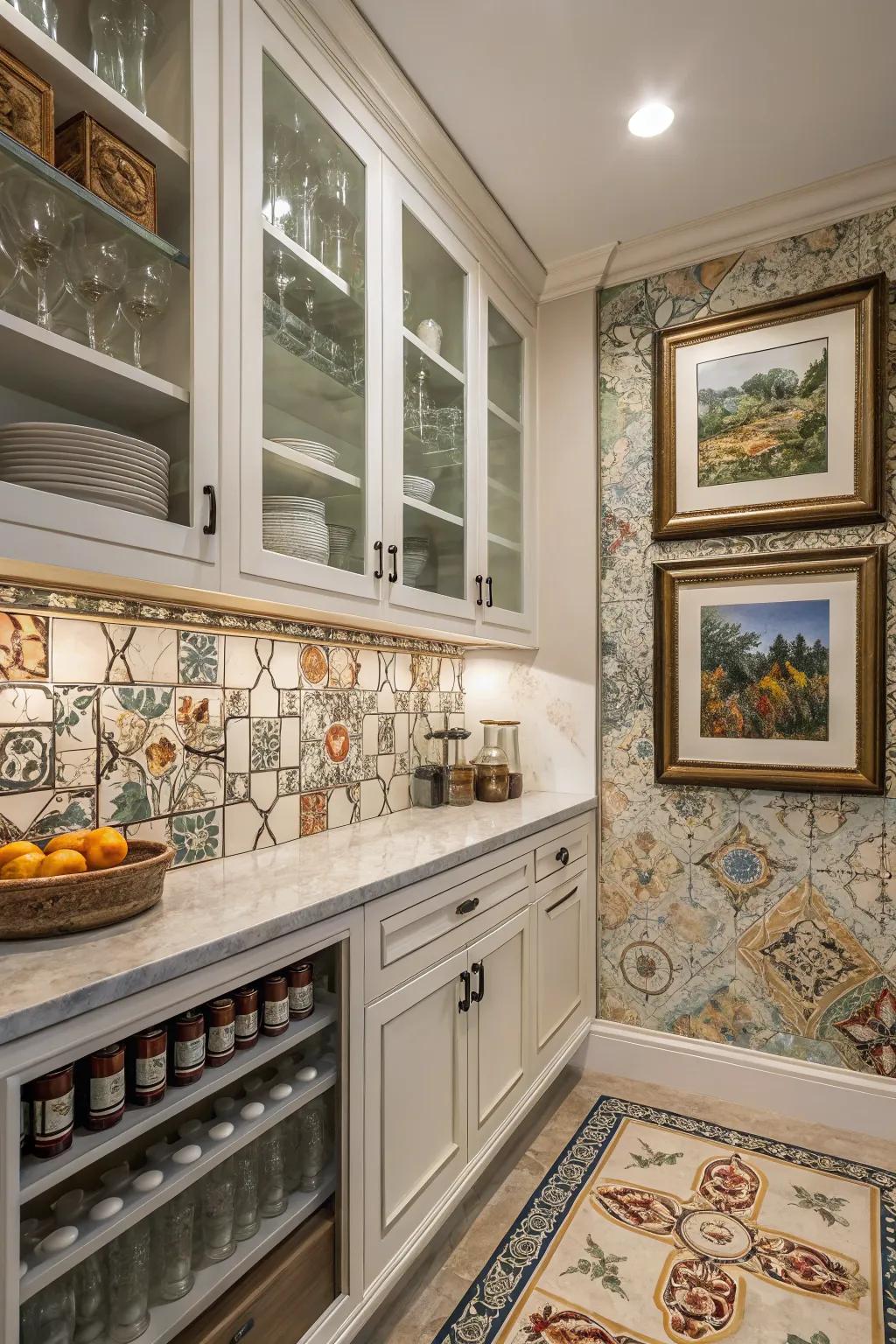 Artistic elements bring warmth and character to the pantry.