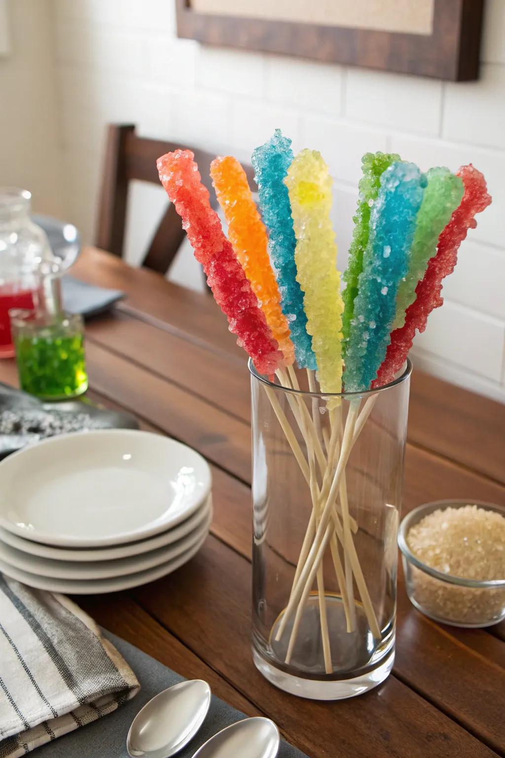 Rock candy sticks in a vase offer a simple yet striking effect.