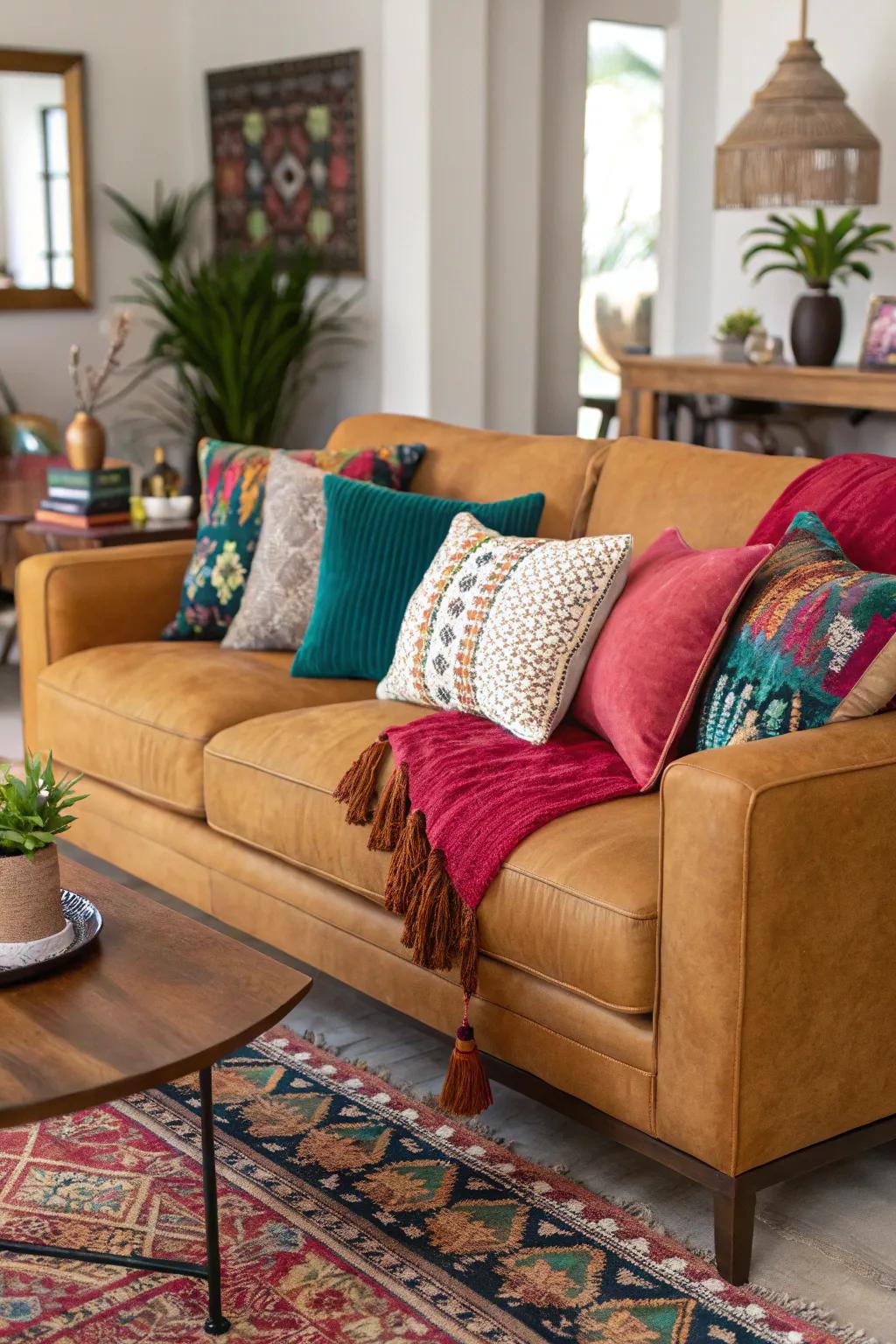 Jewel tones add vibrant contrast to a caramel couch.