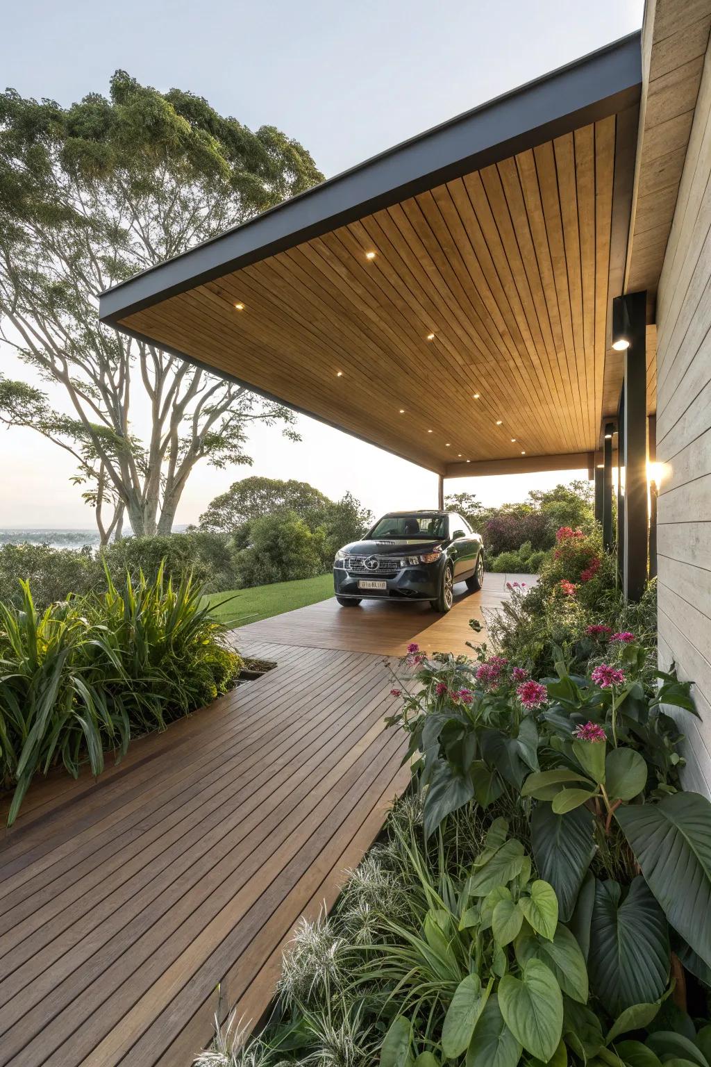 A wooden deck brings warmth and nature to your carport.