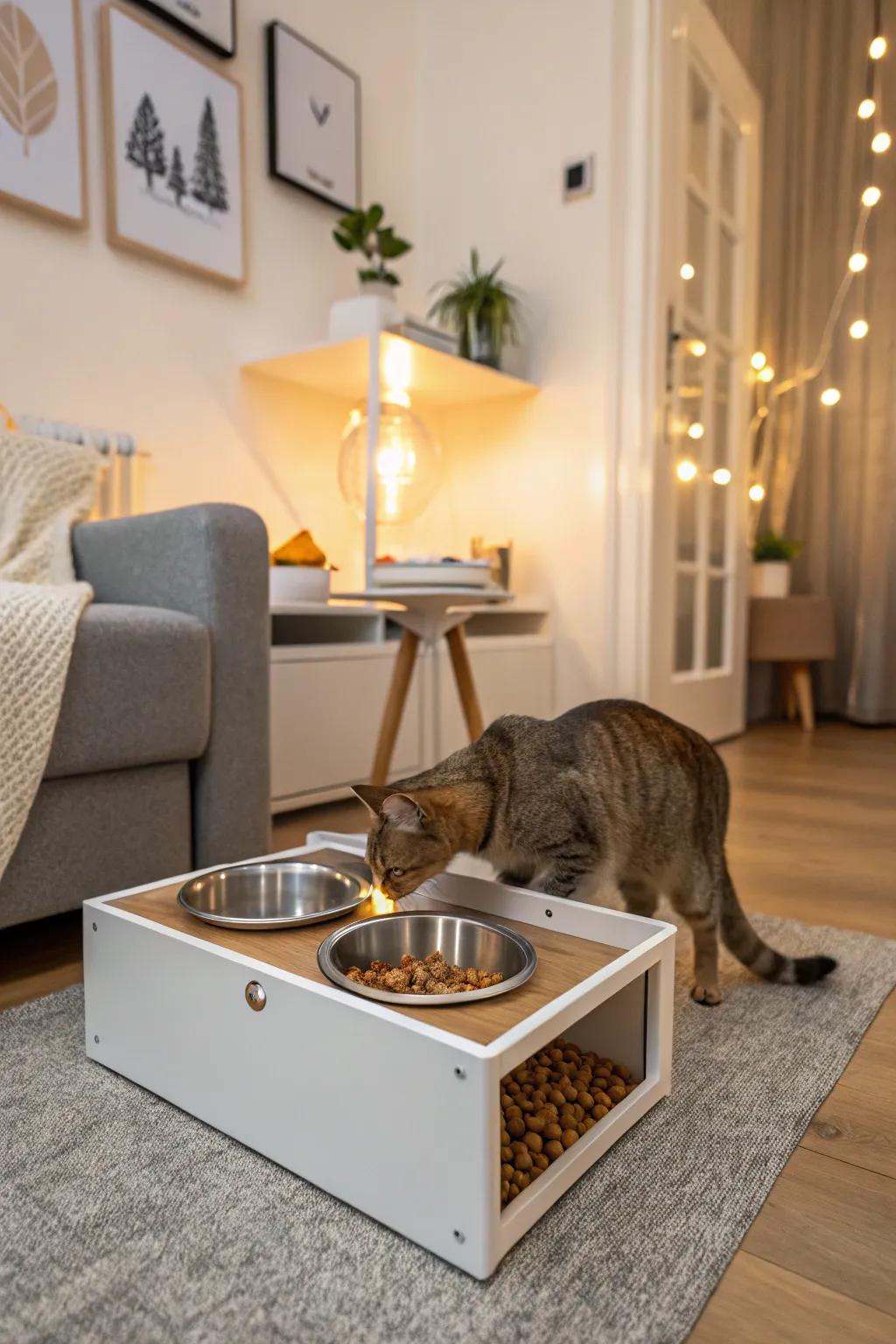 Utilize corners effectively with a compact feeding station.