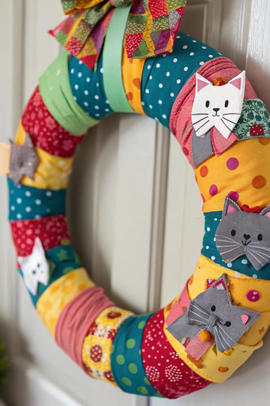 An eclectic fabric cat wreath for a unique twist.