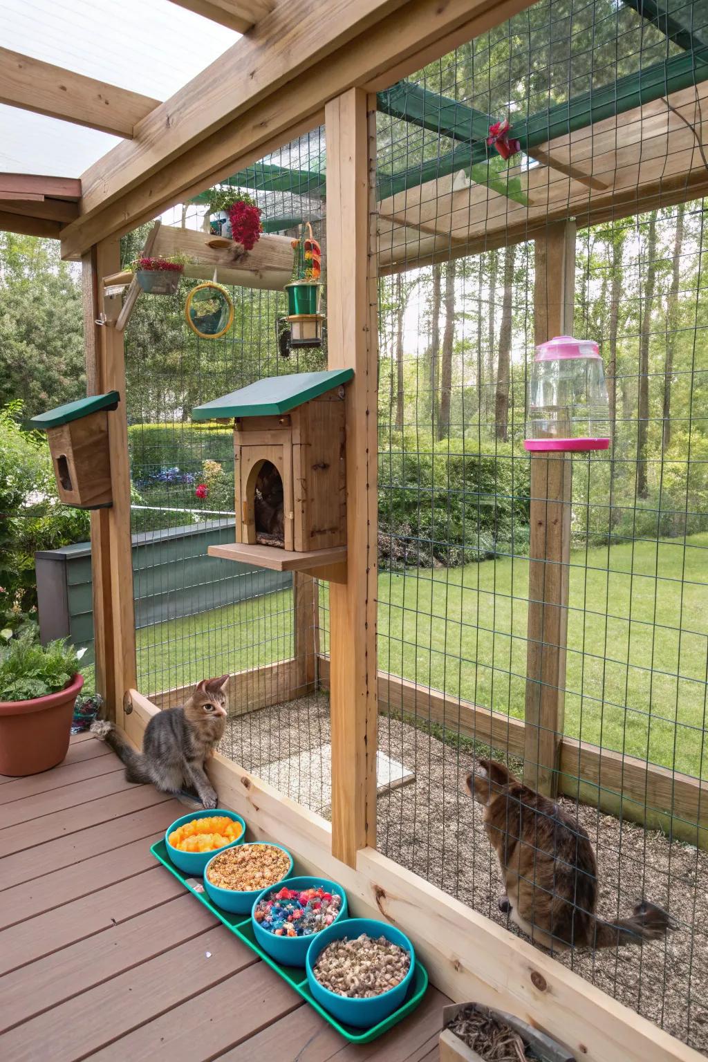 Interactive feeding stations in a catio, combining fun and nutrition for cats.