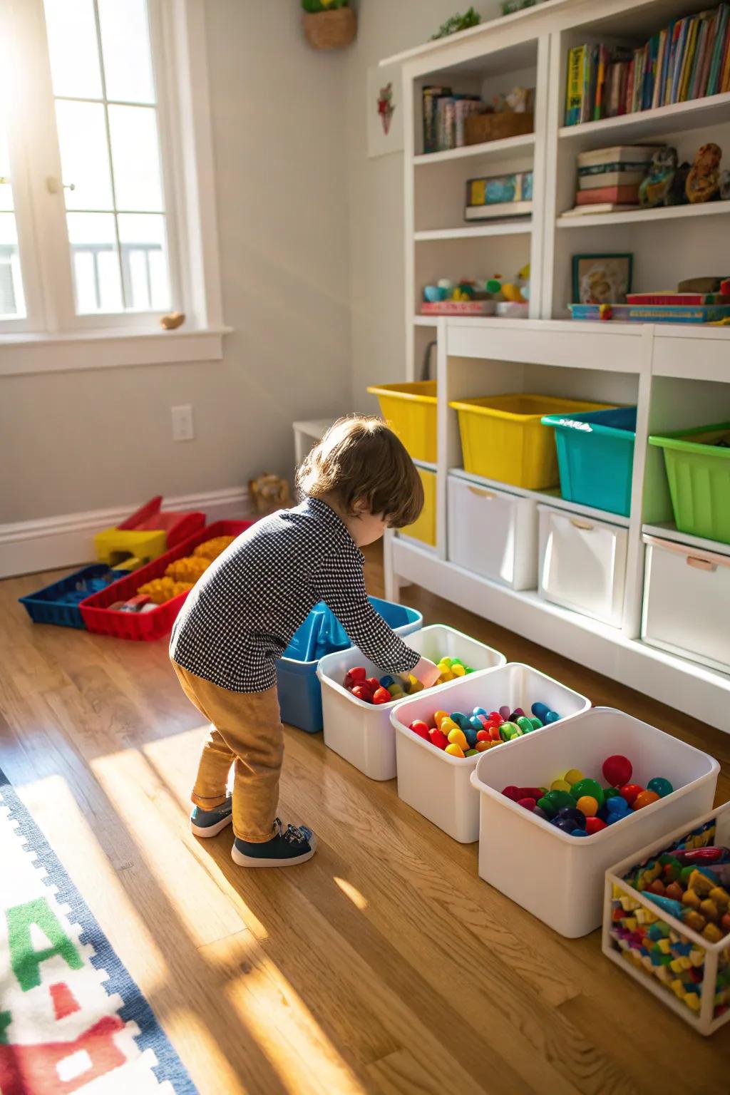 A child tidying up their play space, learning organization.