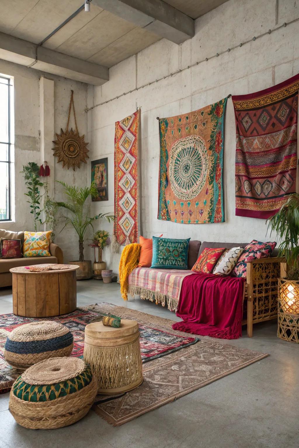 Concrete floors complement the vibrant and eclectic bohemian style.