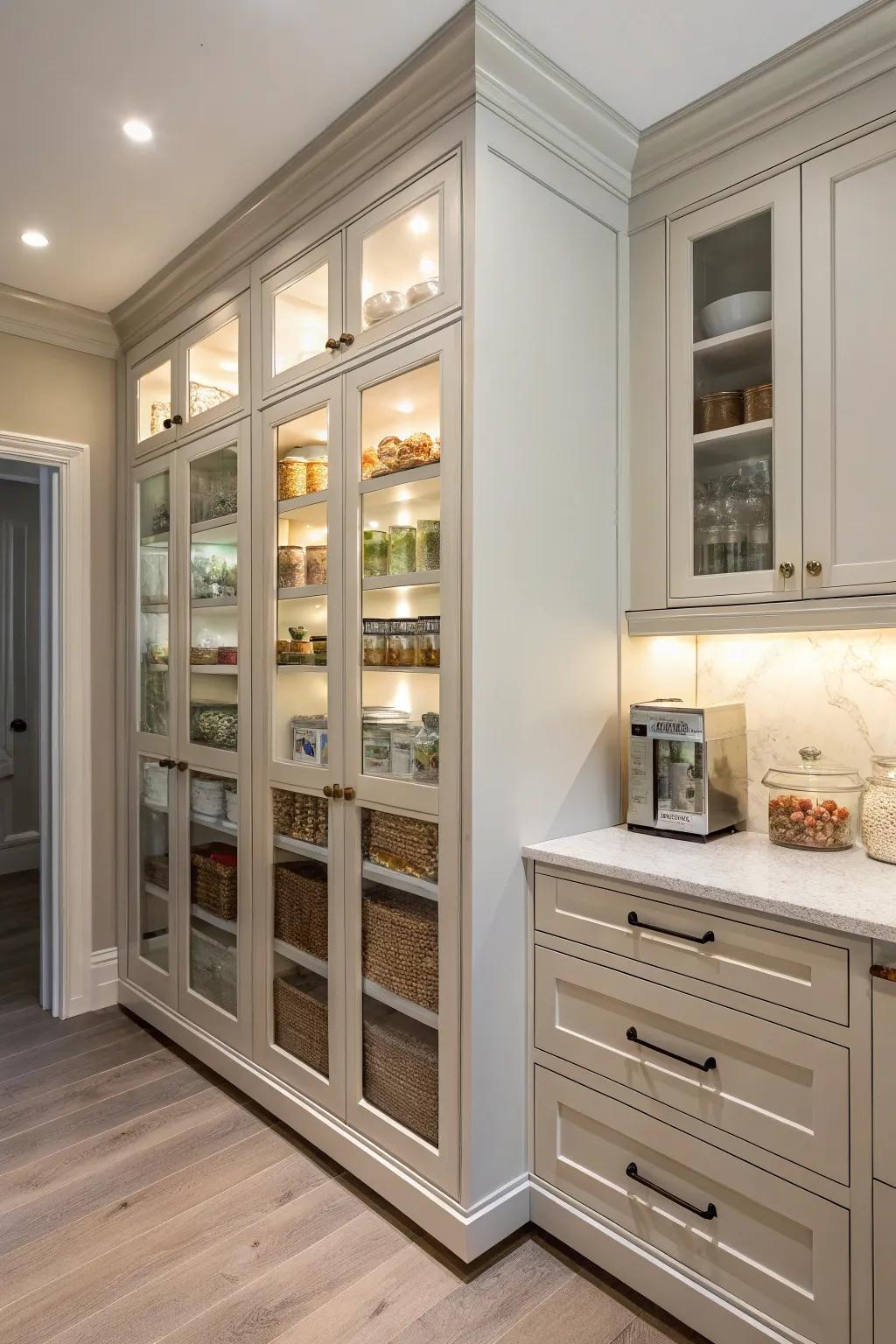 A custom built-in corner pantry that blends with the kitchen.