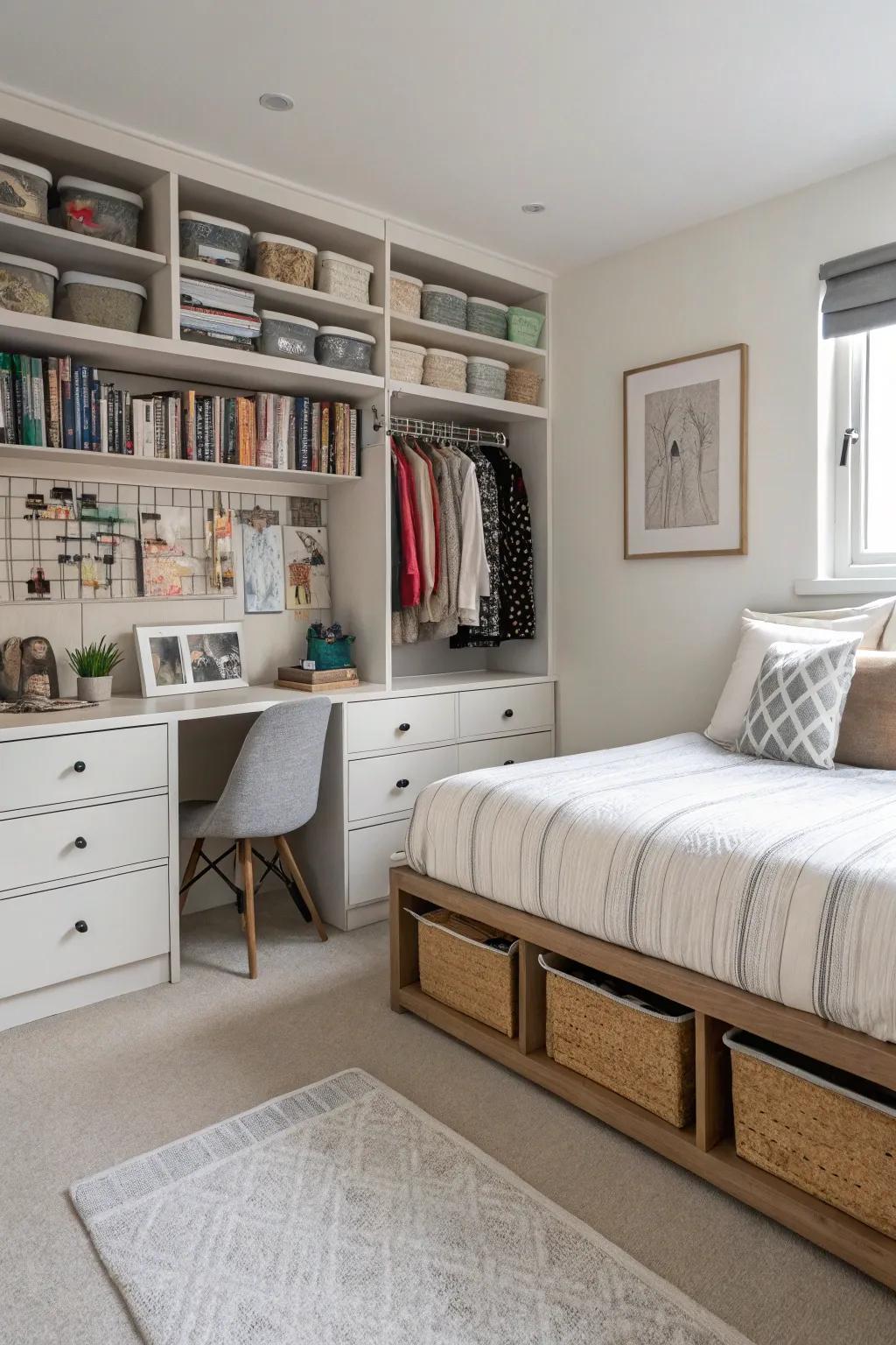 Smart storage solutions keep the bedroom organized