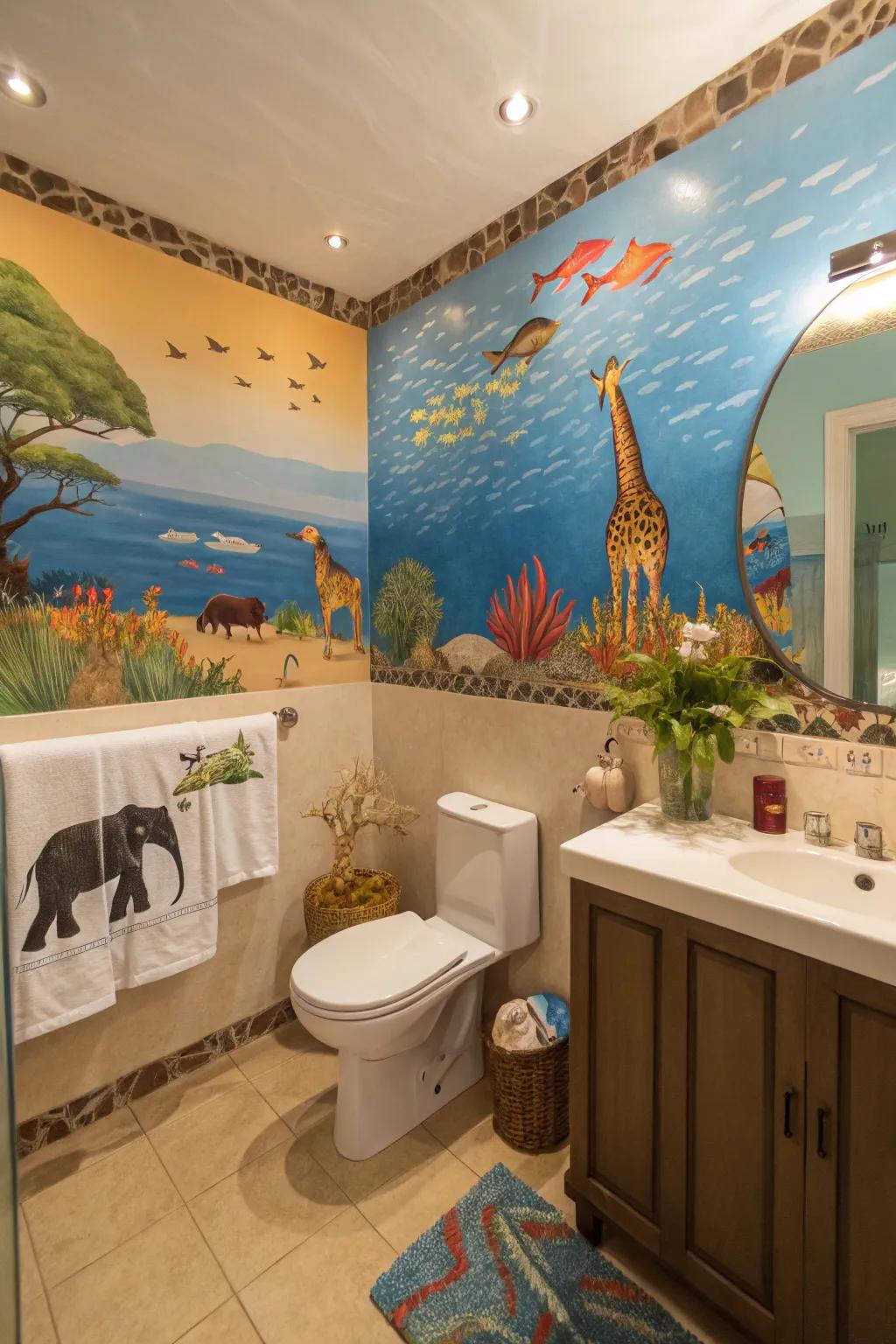 A bathroom transformed into an exciting underwater journey.